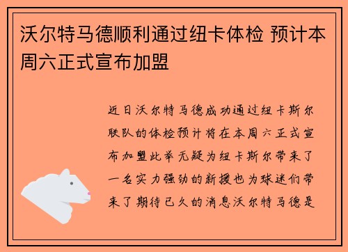 沃尔特马德顺利通过纽卡体检 预计本周六正式宣布加盟